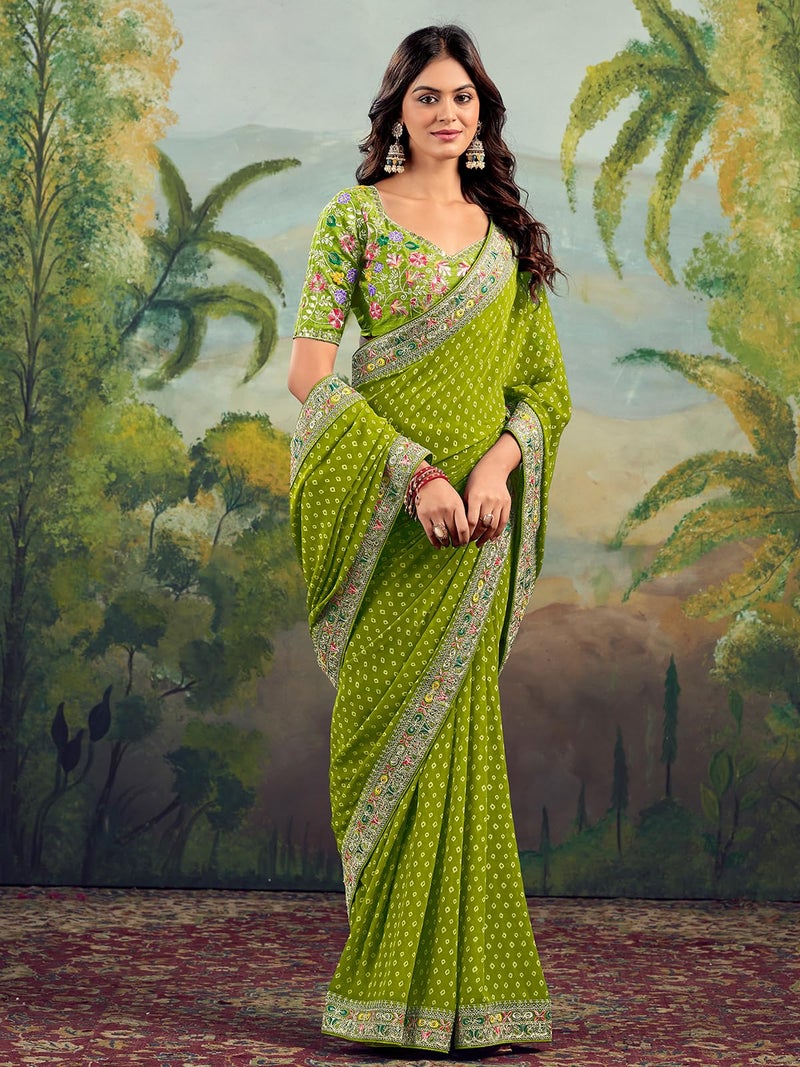 Satrani Women's Georgette Sequence Embroidery Lace & Bandhani Printed Saree with Unstitched Blouse Piece (4115S907N_Light Green) - Image 2