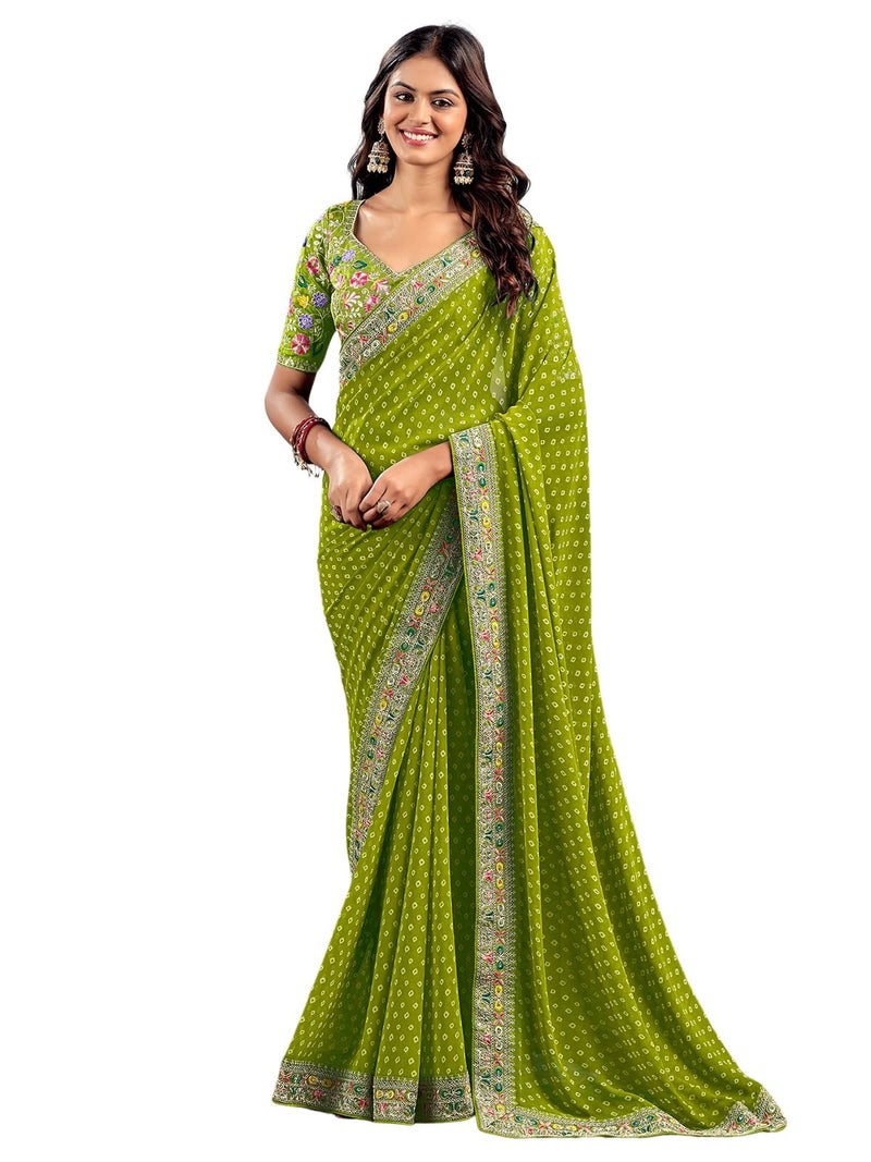 Satrani Women's Georgette Sequence Embroidery Lace & Bandhani Printed Saree with Unstitched Blouse Piece (4115S907N_Light Green) - Image 1