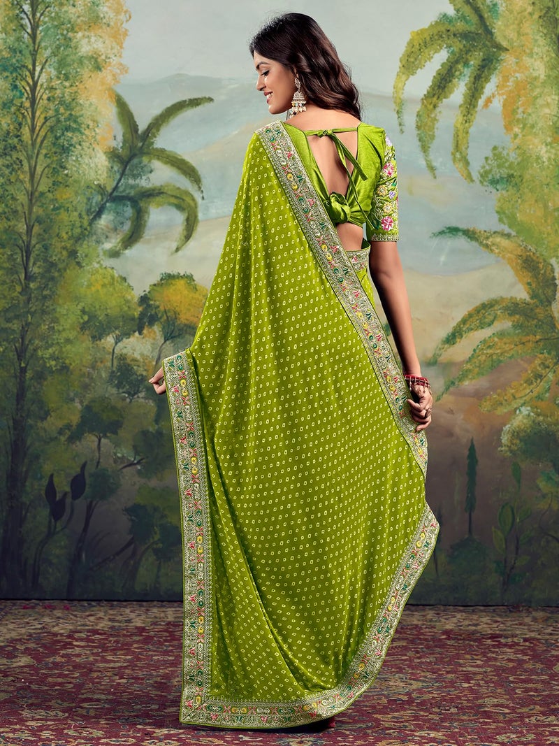 Satrani Women's Georgette Sequence Embroidery Lace & Bandhani Printed Saree with Unstitched Blouse Piece (4115S907N_Light Green) - Image 3