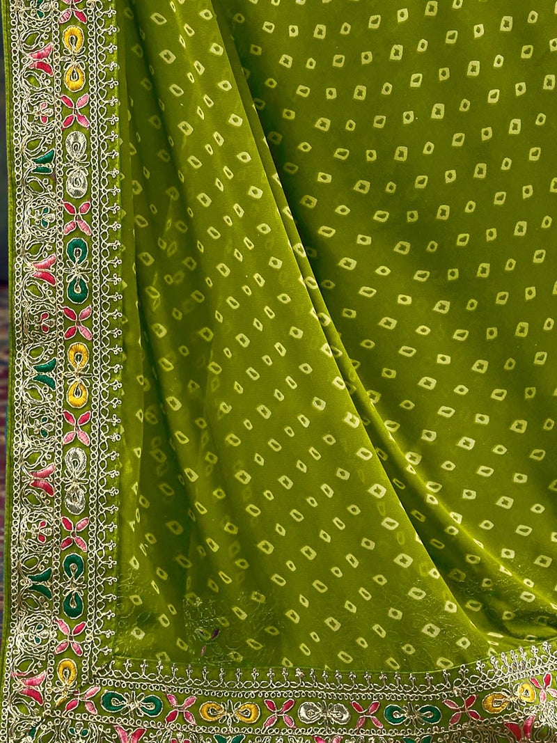 Satrani Women's Georgette Sequence Embroidery Lace & Bandhani Printed Saree with Unstitched Blouse Piece (4115S907N_Light Green) - Image 5