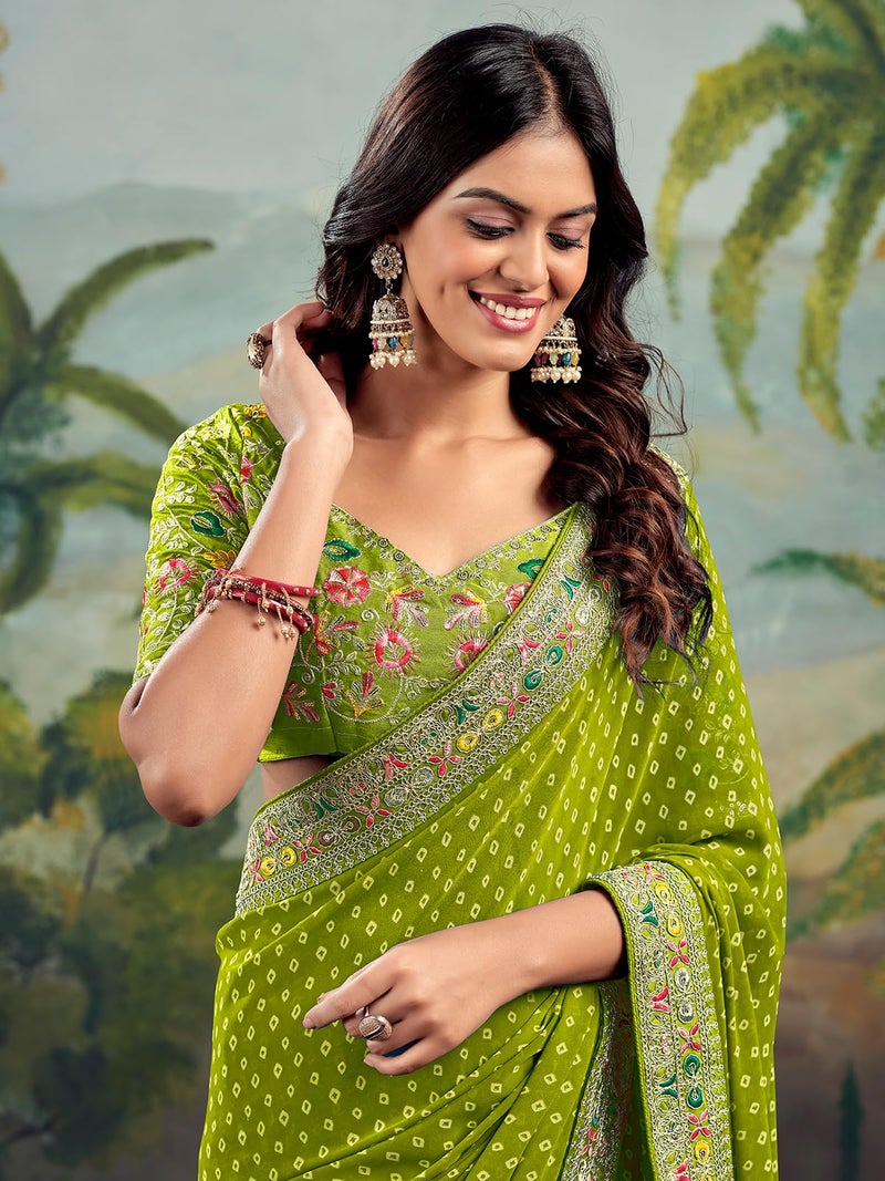 Satrani Women's Georgette Sequence Embroidery Lace & Bandhani Printed Saree with Unstitched Blouse Piece (4115S907N_Light Green) - Image 4