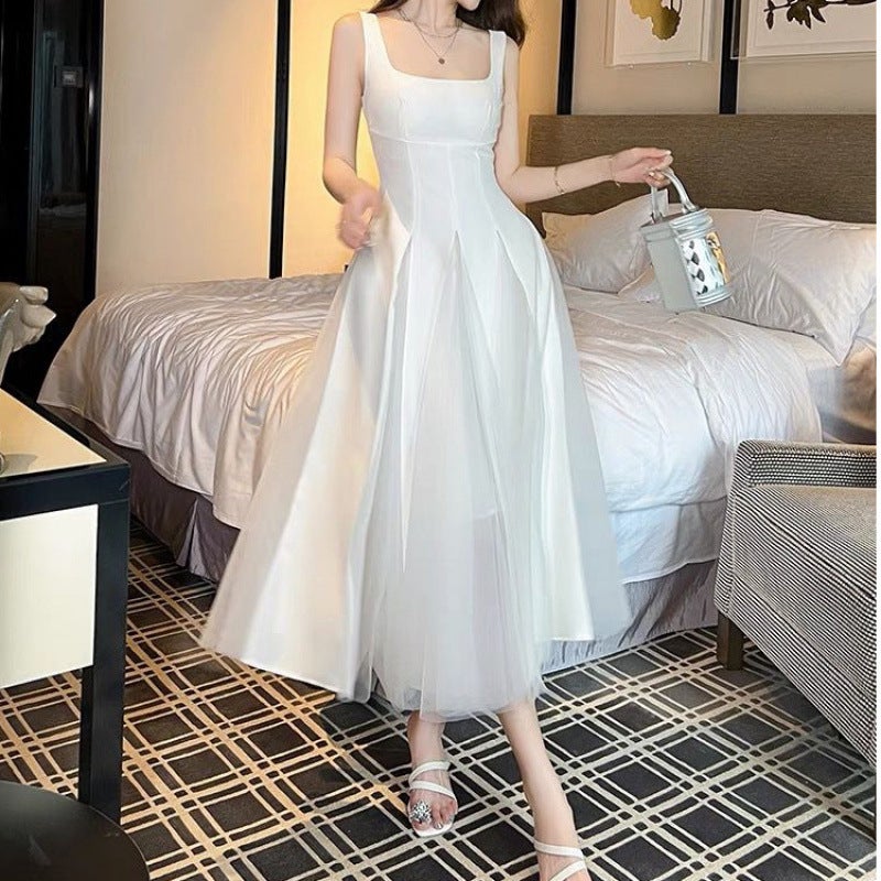 plus size French Style Long Dress Fairy White Sling dress Womens Summer High-end Waisted Mesh Fairy Pontoon Dress White [breathable sweat]]