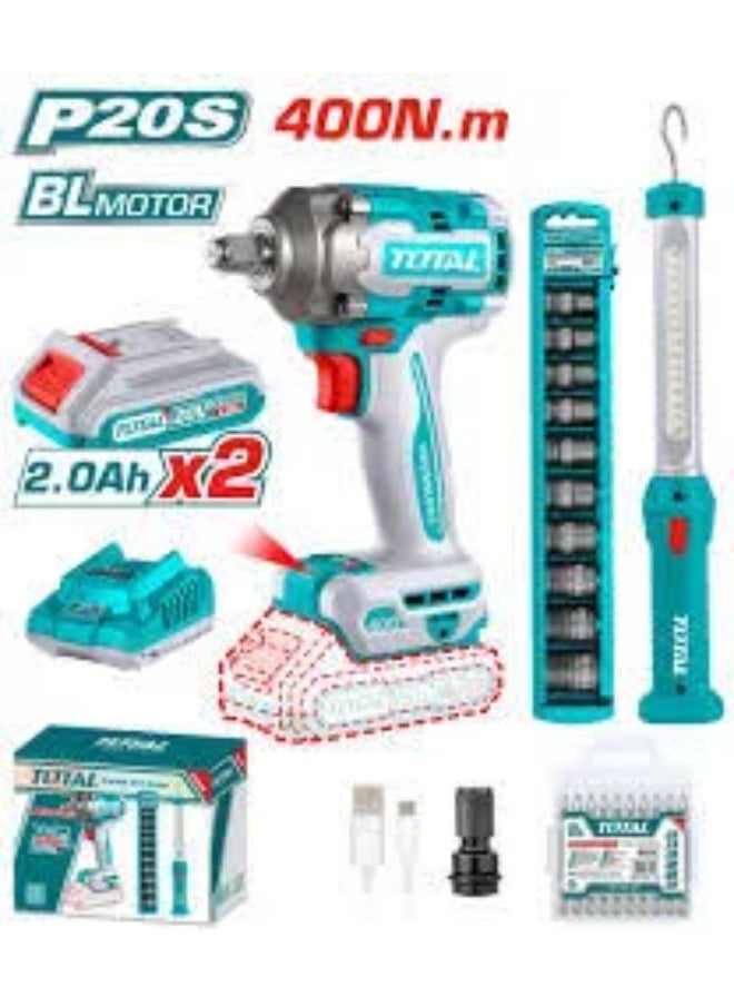 TOTAL Total Combo Kit (Drill 20 Volts, 400 Newton, Half Inch - Blades - Bit Set - Extension - 2 Batteries - Charger) Tosli23048 