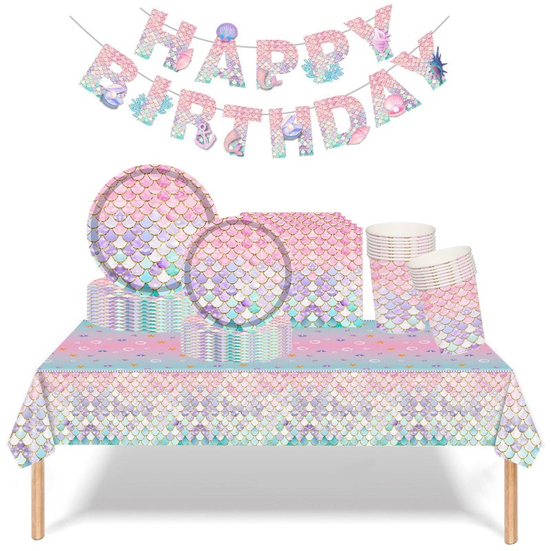 Mienocol Mermaid Party Tableware Set for Girls 54pcs Napkins Plates Cups Tablecloth and Birthday Banner Decorations Supplies