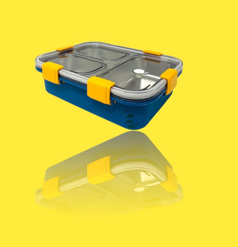 Kitchen Bloom Stainless Steel Lunch Box 3 Compartment with Steel Cutlery, Heating Insulation | Lunch Boxes for offie Men | Lunch Box for Office Women & Kids | Tiffin Box (750 ml) (Water Blue) - Image 1