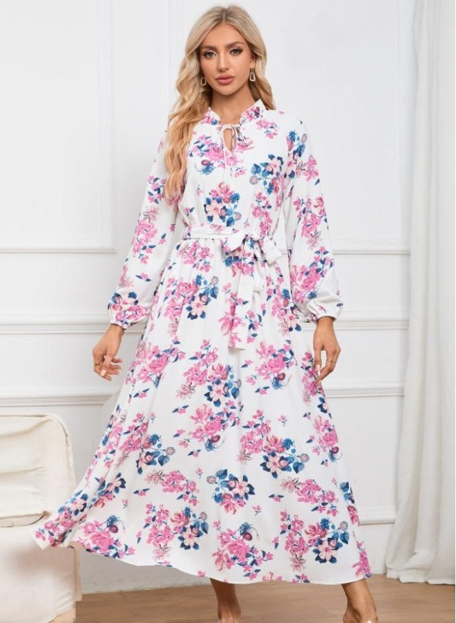 Beauenty Slim-fit temperament ladies lantern sleeve stand collar lace floral skirt mid-length dress  - Image 1