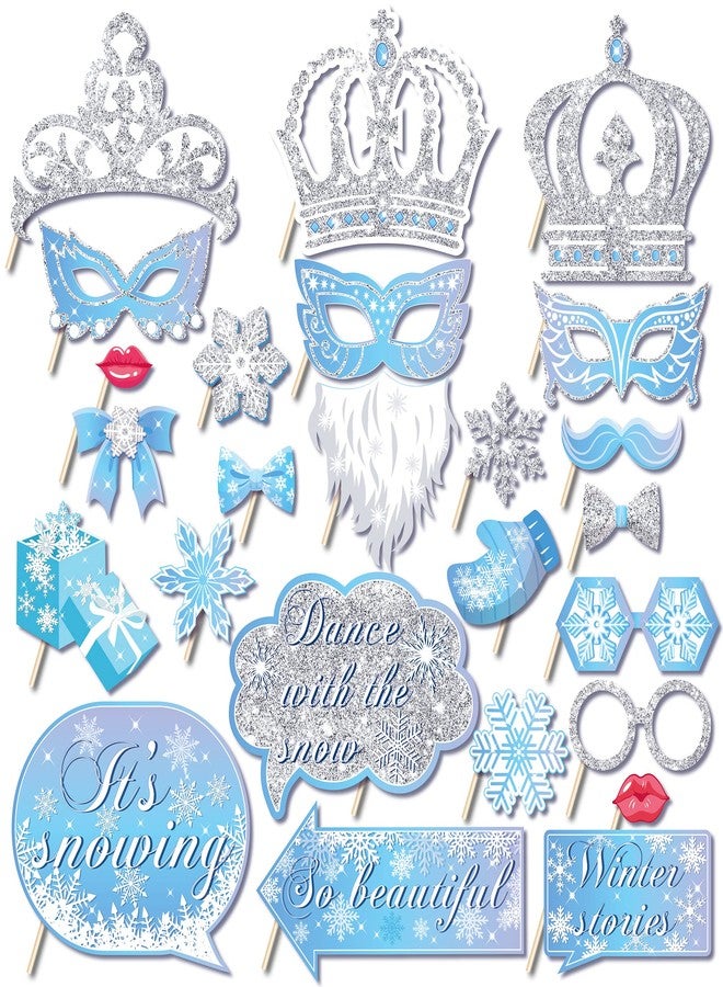 Lide Road 25Pcs Snowflake Photo Booth Props with Stick, Winter Party Photo Booth Props Snowflake Holiday and Winter Christmas Photo Booth Props Kit Snowflake Holiday Party Decorations - Image 1