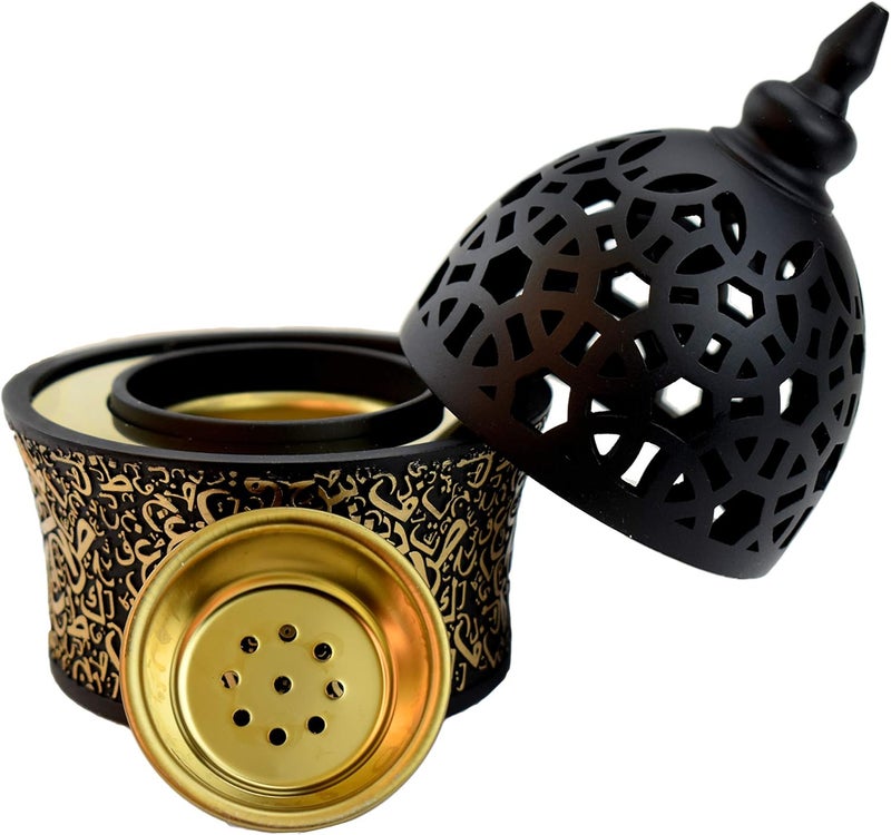 INTENSE OUD Calligraphy Style Closed Incense Burner (Mabkhara) Metal Tray Inside 8in Tall - Black - Image 3