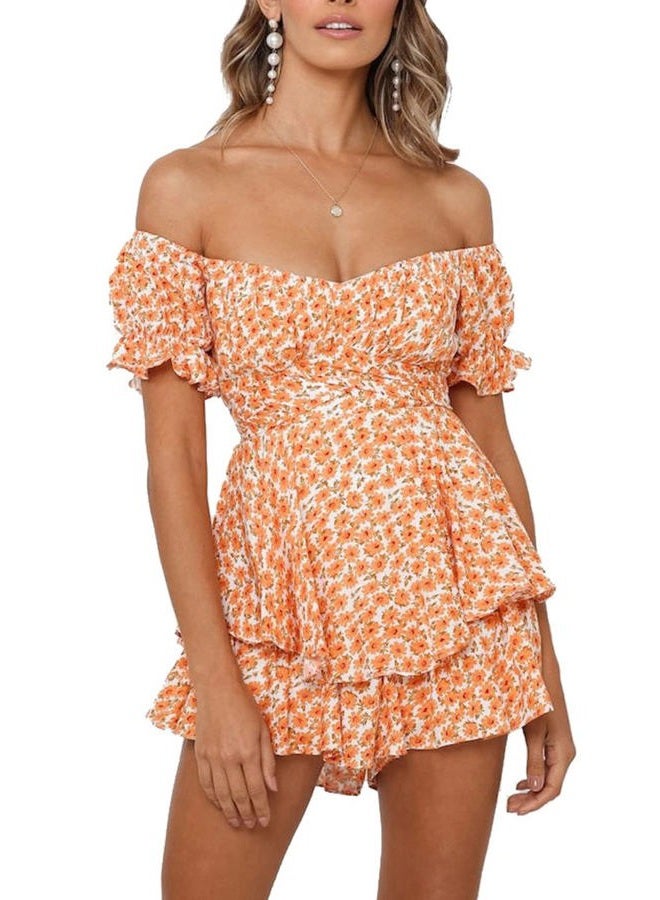 Fixmatti Women Boho Romper Off Shoulder Ruffle Chiffon Shorts Jumpsuit Playsuits, Orange, S - Image 2