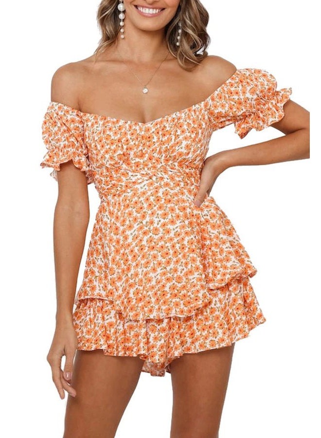 Fixmatti Women Boho Romper Off Shoulder Ruffle Chiffon Shorts Jumpsuit Playsuits, Orange, S - Image 1