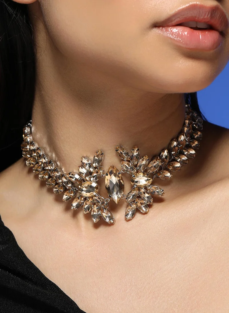 SOHI Women The Marquise-Bloom Collar Necklace | Citrine Brown Colour | One-Size | Artificial Stone Alloy Material | Lobster Clasp Closure | Necklace For Evening & Party Wear