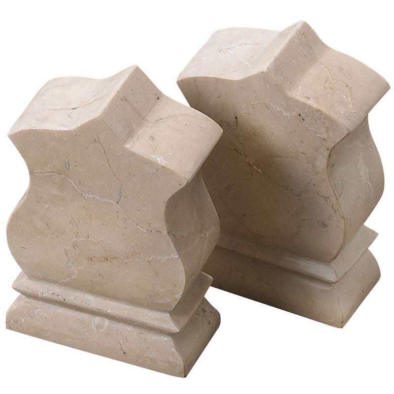 Creative Home Natural Champagne Marble Set of 2 Pieces Bookends Book Holder Shelf Organizer Desk Top Decorative Paper Weight Beige Fleur De Lis Style