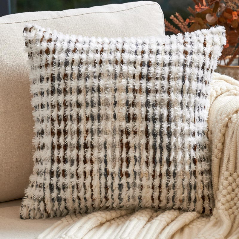 Aeckself Boho Chenille Tufted Pillow Cover 18x18 Inch, Decorative Square Throw Pillow Cover Neutral Pillowcase for Couch Bedroom Living Room, Brown White - Image 1