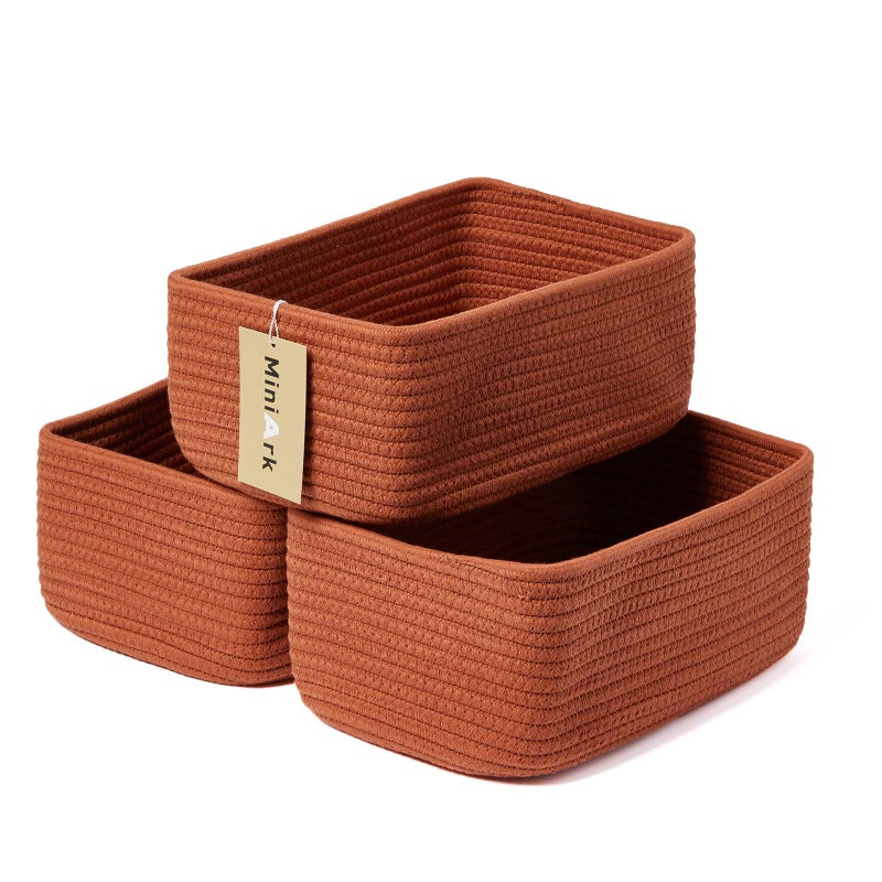 MiniArk Small Storage Baskets for Organizing | Closet Organizer Bins | Shelf Toy Basket | Woven Rope Baskets | Cube Decorative Box | Shallow Basket | 11.5x7.5x4.7â€ | 3 Packs Oxide Red - Image 1