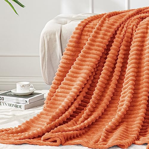 BEDELITE Fall Throw Blanket for Couch 3D Ribbed Jacquard Soft Warm Decorative Burnt Orange Blanket Cozy Plush Fluffy Fuzzy Fleece Throw Blanket for Bed Sofa 50x60Inches