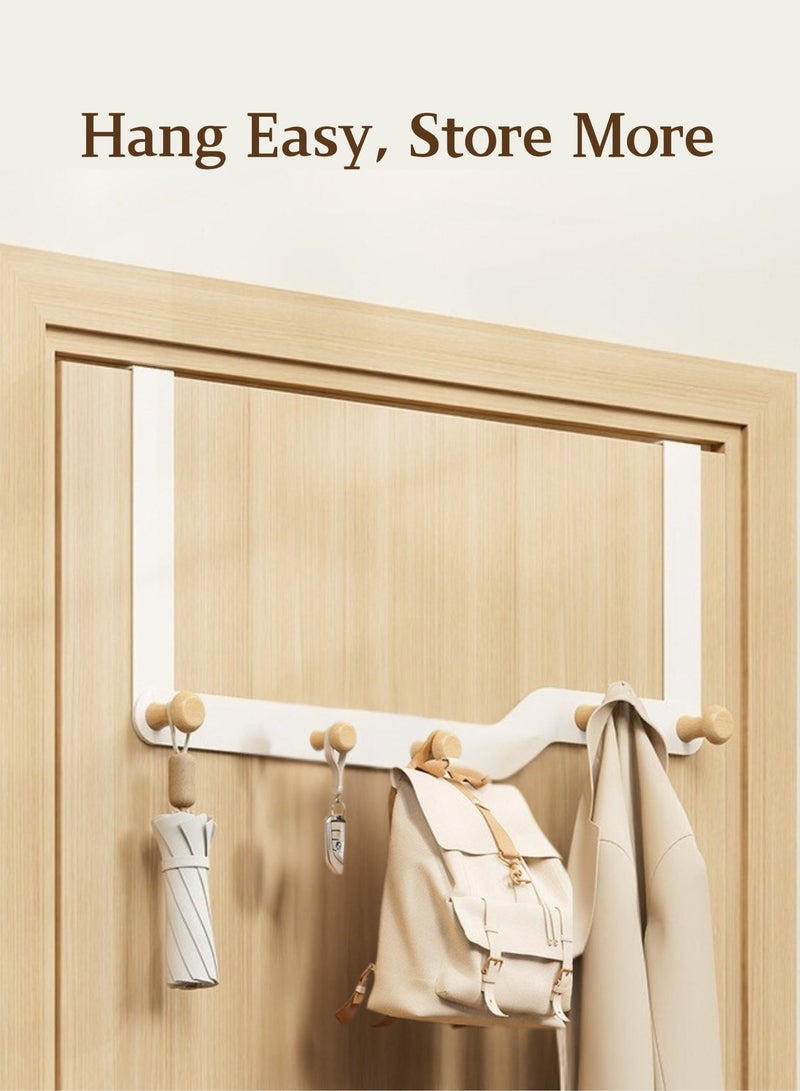 White Wooden Over The Door Hook Hanger, 5 Heavy Duty Hooks, Space-Saving, No Drilling Needed, Ideal for Hanging Coats, Towels, Bags, Robes - Perfect for Bedroom, Bathroom, Kitchen, with Stainless Steel and Space-Saving Design - Image 1