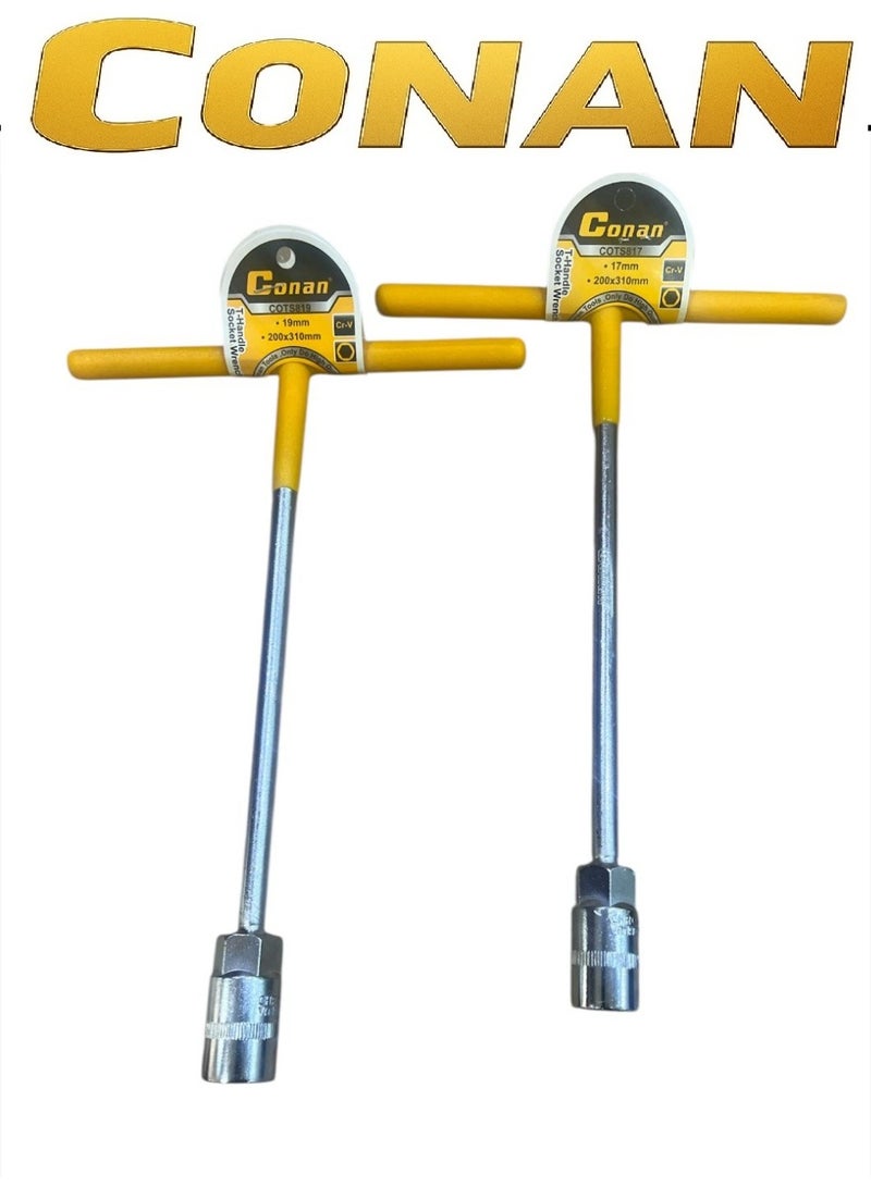 Conan T-Handle Socket Wrench Set – 2 Pieces (17mm + 19mm) – Heavy-Duty Cr-V Steel T-Type Socket Wrench – Comfortable Non-Slip Handle – High Torque Manual Socket Tool Set - Image 1