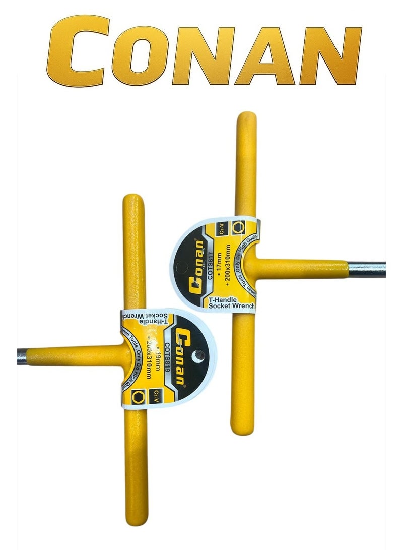 Conan T-Handle Socket Wrench Set – 2 Pieces (17mm + 19mm) – Heavy-Duty Cr-V Steel T-Type Socket Wrench – Comfortable Non-Slip Handle – High Torque Manual Socket Tool Set - Image 2