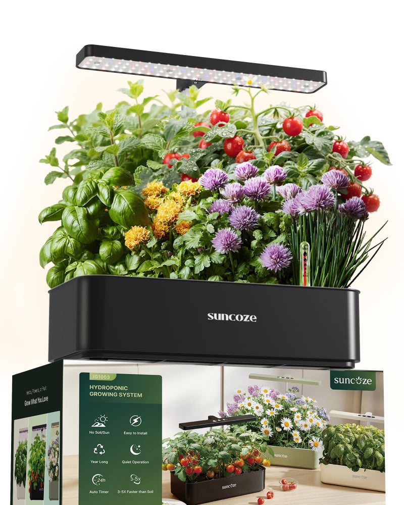 SUNCOZE Hydroponics Growing System Kit 12 Pods, 24W LED Grow Light Indoor Garden, 4L Water Tank with Quiet Pump, Adjustable Height Herb Garden Planter Indoor Kit, Gardening Gifts, Black - Image 1