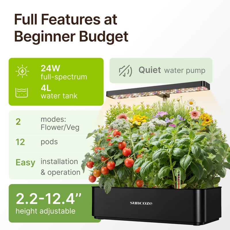 SUNCOZE Hydroponics Growing System Kit 12 Pods, 24W LED Grow Light Indoor Garden, 4L Water Tank with Quiet Pump, Adjustable Height Herb Garden Planter Indoor Kit, Gardening Gifts, Black - Image 2