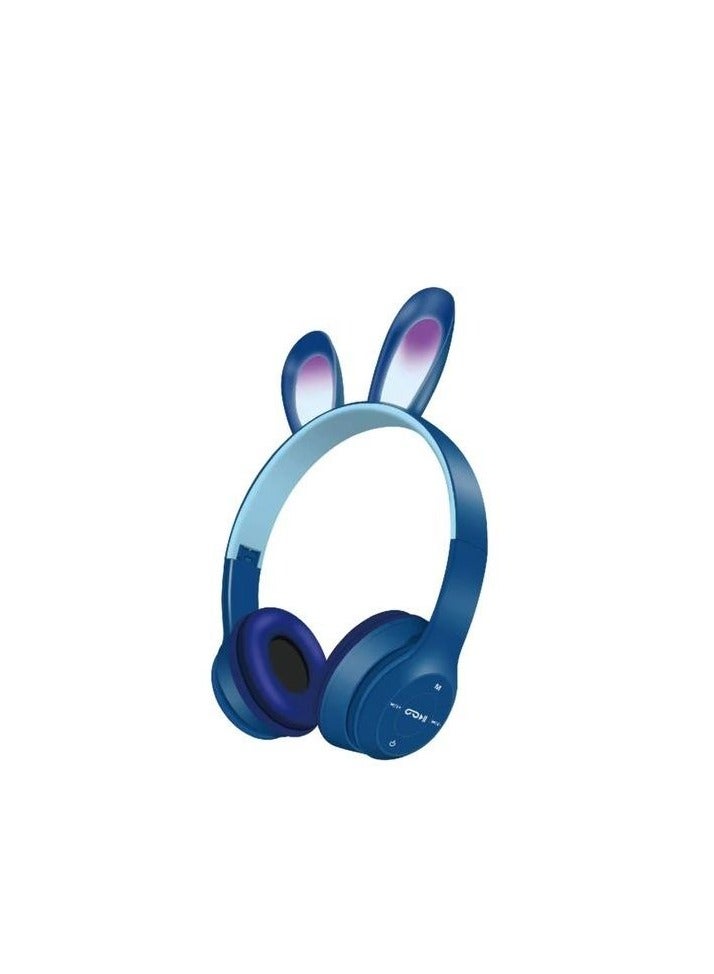سماعة اذن بلوتوث لاسلكية لطيفة وجديدة بتصميم ارنب مع اضاءة LED، موديل B12 أزرق داكن