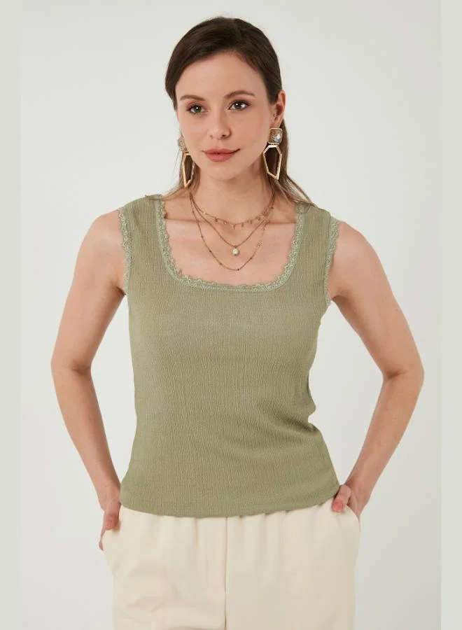 Lela Lela Slim Fit Thick Strap Lace Square Neck Crinkle Tank Top Women's Tank Top 5864979