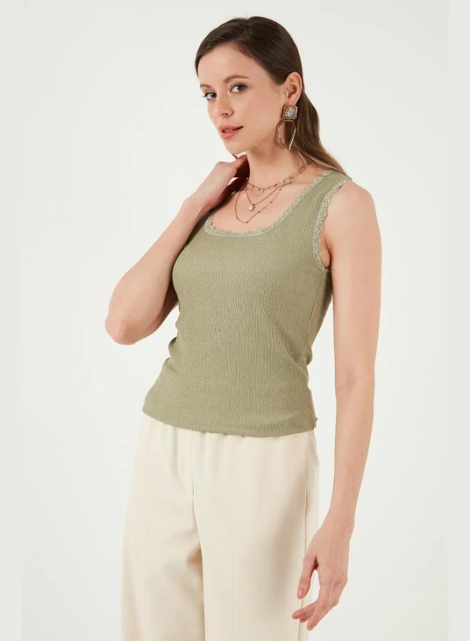 Lela Lela Slim Fit Thick Strap Lace Square Neck Crinkle Tank Top Women's Tank Top 5864979