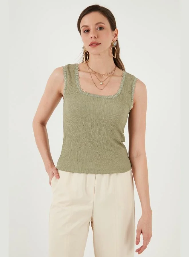 Lela Lela Slim Fit Thick Strap Lace Square Neck Crinkle Tank Top Women's Tank Top 5864979