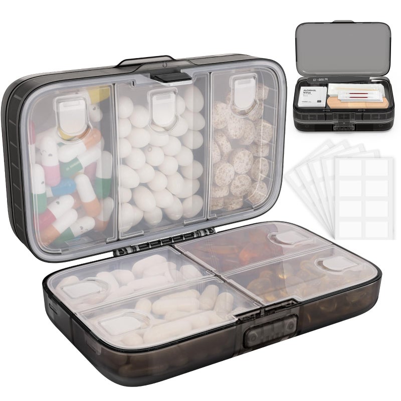 FYY Weekly Pill Organizer with Labels,8 Compartments Travel Daily Pill Case Airtight Moistureproof Large Pill Box to Hold Vitamins, Fish Oil, Supplements,Cotton Swab and Bandages-Black - Image 1