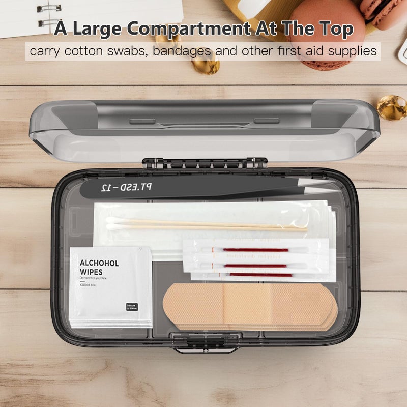 FYY Weekly Pill Organizer with Labels,8 Compartments Travel Daily Pill Case Airtight Moistureproof Large Pill Box to Hold Vitamins, Fish Oil, Supplements,Cotton Swab and Bandages-Black - Image 4