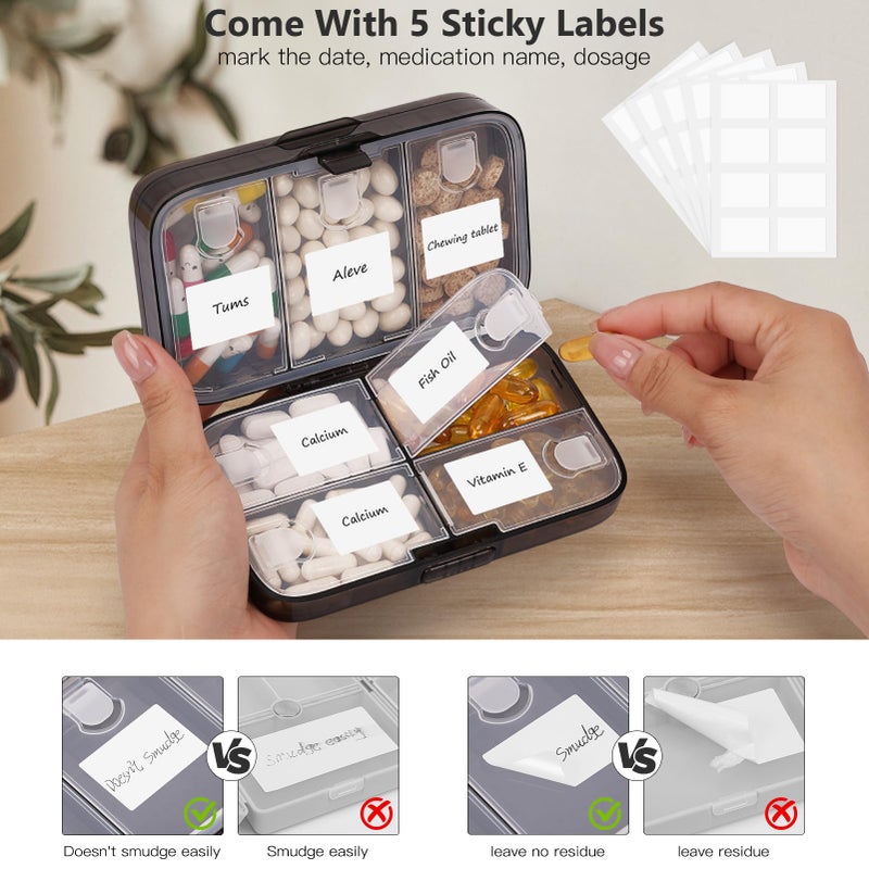 FYY Weekly Pill Organizer with Labels,8 Compartments Travel Daily Pill Case Airtight Moistureproof Large Pill Box to Hold Vitamins, Fish Oil, Supplements,Cotton Swab and Bandages-Black - Image 5