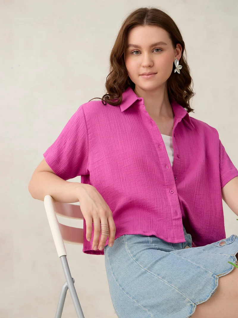 OUTZIDR Pink Cropped Solid Shirt