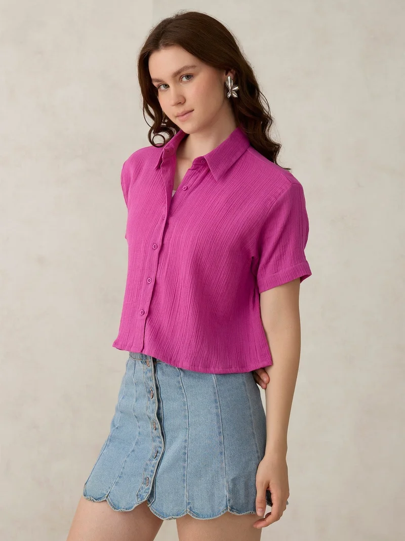 Outzidr  Pink Cropped Solid Shirt for Women | Best Price UAE