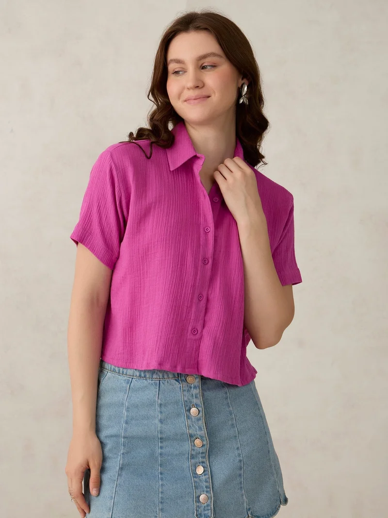 Pink Cropped Solid Shirt