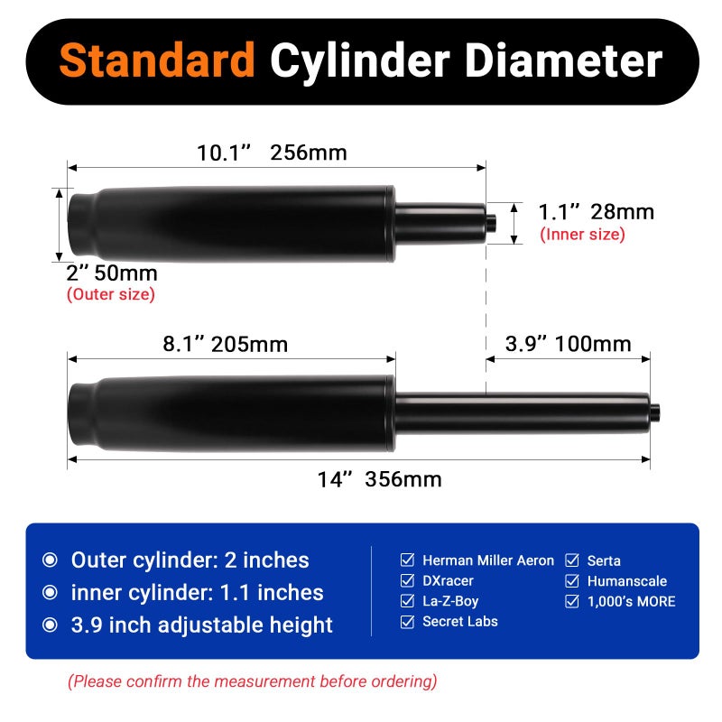 Rythalix 10.1 Inches-14 Inches Office Chair Cylinder Replacement - 3.9'' Stroke, Heavy Duty 1000lbs Class 4 Hydraulic Lift, Universal Pneumatic Piston Fit for Sinking Desk/Gaming Chairs - Image 2