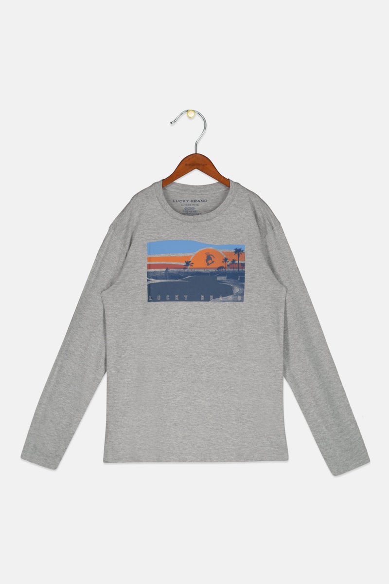 LUCKY BRAND Kids Boy Crew Neck Graphic Print Long Sleeves Sweatshirt, Grey - Image 1