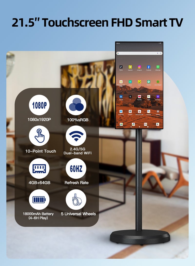 ڤي إل إتش تلفزيون VLH S01B الذكي المحمول مقاس 21.5 بوصة، شاشة لمس بدقة 1080 بكسل، مزود بعجلات، حاصل على شهادة EDLA، ذاكرة وصول عشوائي 4 جيجابايت، سعة تخزين 64 جيجابايت، بطارية تدوم من 4 إلى 6 ساعات، شاشة قابلة للدوران مع حامل، خاصية البث اللاسلكي. - Image 2
