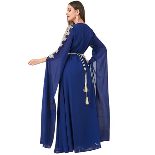 IDOPIP Embroidery Abayas for Women Muslim Moroccan Floral Maxi Kaftan Dresses Islamic Dubai Robe Arabic Dress Ramadan Eid Party Casual Evening Full Length Cover Gown Prayer Clothes Dark Blue XL - Image 3