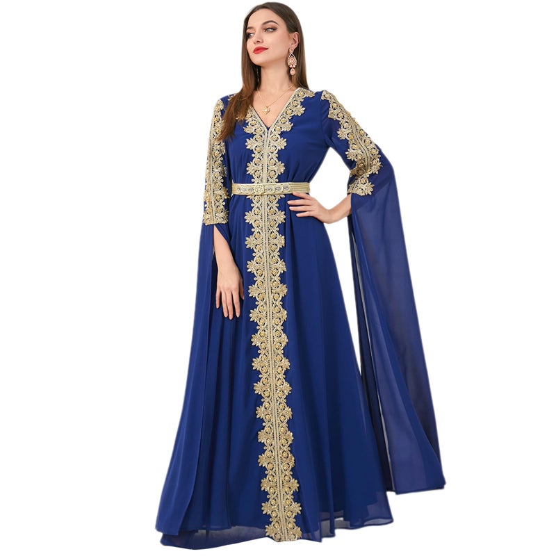 IDOPIP Embroidery Abayas for Women Muslim Moroccan Floral Maxi Kaftan Dresses Islamic Dubai Robe Arabic Dress Ramadan Eid Party Casual Evening Full Length Cover Gown Prayer Clothes Dark Blue XL - Image 2