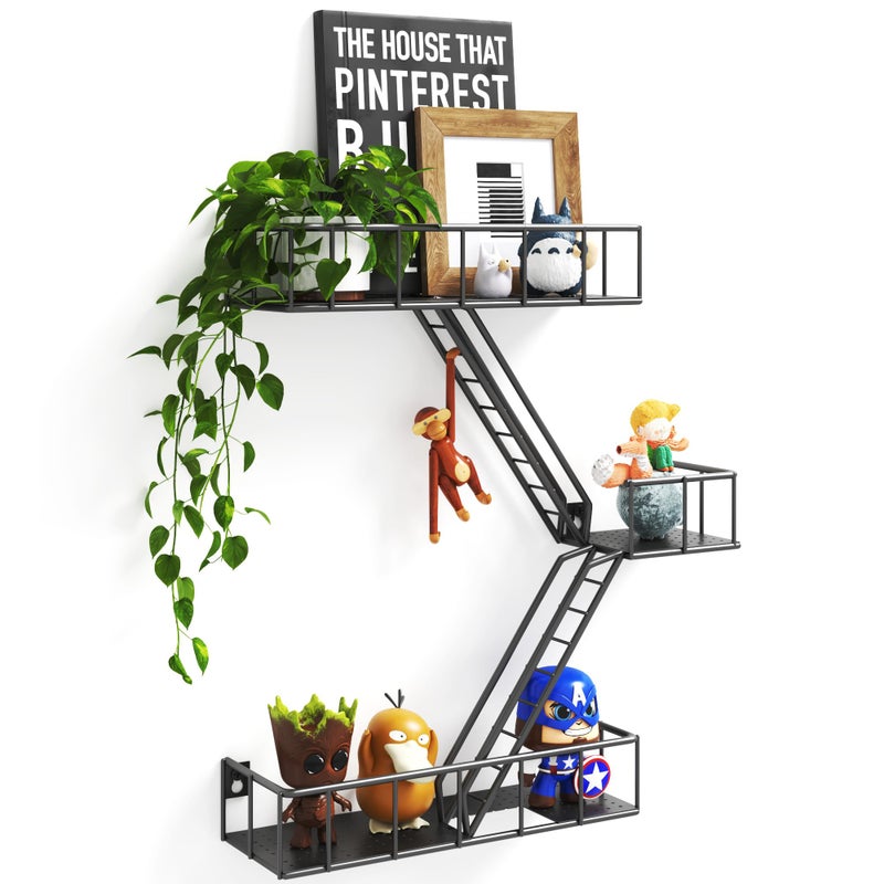 Fire Escape Wall Shelf with Baskets 3Tier Metal Fire Escape Ladder Shelf Wall Organizer New York Inspired Decorative Shelf Black Floating Action Figurine Display Shelves for Bedroom Home Dcor