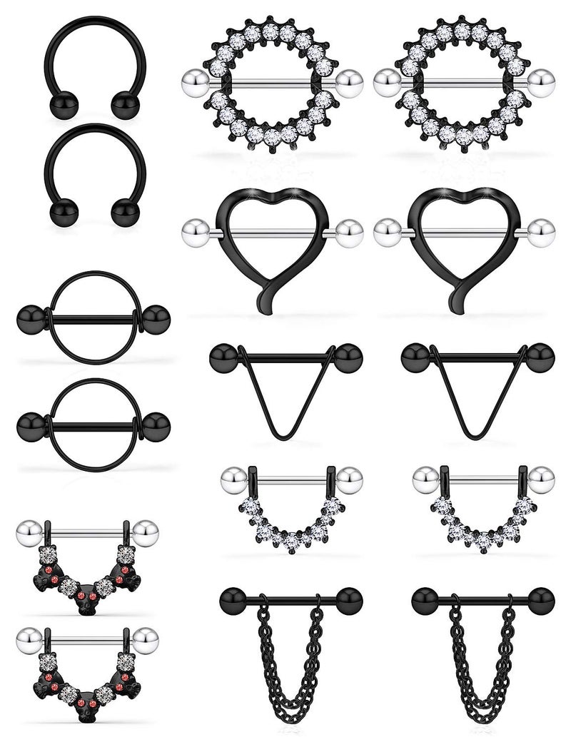SCERRING 14G Nipple Rings Stainless Steel Nipplerings CZ Heart Tongue Shield Barbell Rings Retainer Body Piercing Jewelry for Women 9/16Inch 8 Pairs Black