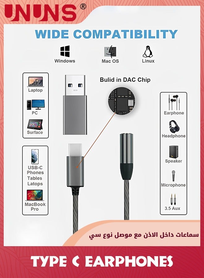 UNUNS Wired Earbuds With USB-A to C Adapter,3.5mm Aux+USB-C+USB-A In-Ear Headphones Compatible With Mac Laptop PC Samsung Smartphones,Advanced DAC Sound Card,3-in-1 Earphones For Home Office Online Meeting - Image 3
