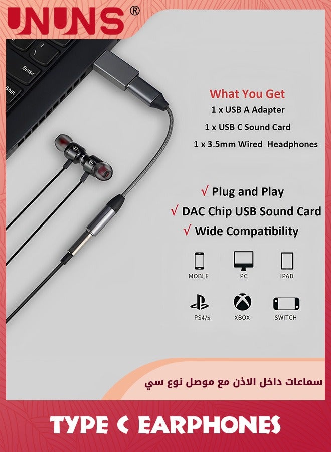UNUNS Wired Earbuds With USB-A to C Adapter,3.5mm Aux+USB-C+USB-A In-Ear Headphones Compatible With Mac Laptop PC Samsung Smartphones,Advanced DAC Sound Card,3-in-1 Earphones For Home Office Online Meeting - Image 2
