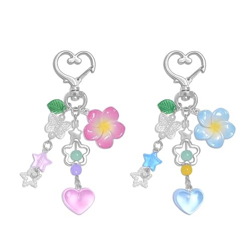 cioatu Y2K Aesthetic Keychains for Women Cute Flowers Star Cake Jellyfish Keychins Charms Kawaii Bag Purse Decor (Blue & Pink Flowers) - Image 1