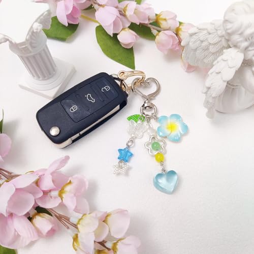 cioatu Y2K Aesthetic Keychains for Women Cute Flowers Star Cake Jellyfish Keychins Charms Kawaii Bag Purse Decor (Blue & Pink Flowers) - Image 3