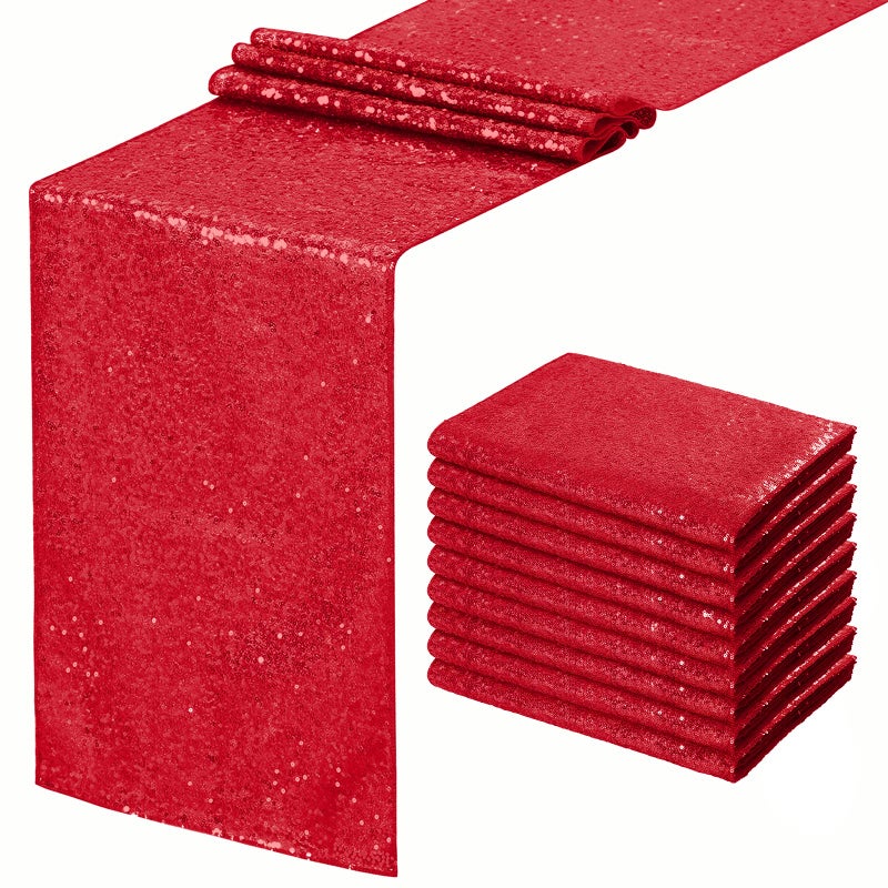 Red Table Runner 10 Packs 12x72 Inch Sequin Table Runners Sparkly Table Runner Fabric for Party Dinner Reception Wedding Event Holiday Decorations