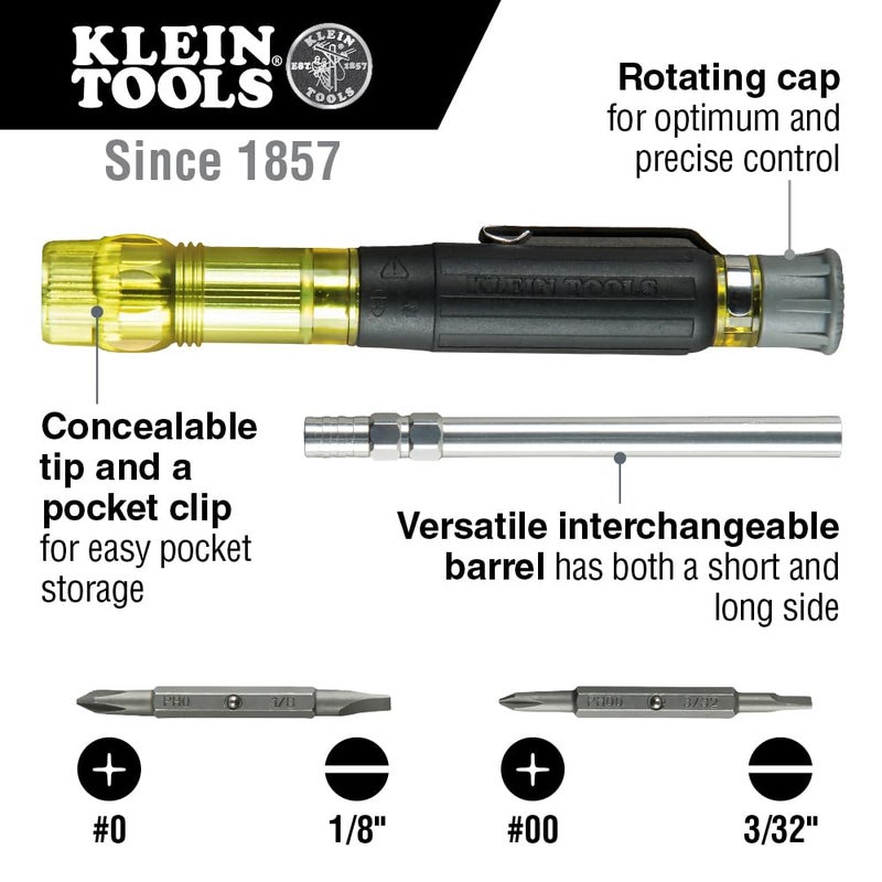Klein Tools 32614 Multi-bit Precision Screwdriver Set, 4-in-1 Electronics Pocket Screwdriver, Professional Phillips and Slotted Bits, EDC - Image 2