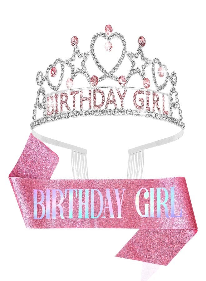 CIEHER Birthday Girl Crown and Sash Set for Birthday Decorations Gifts for Women Girls - Pink 1 - Image 1