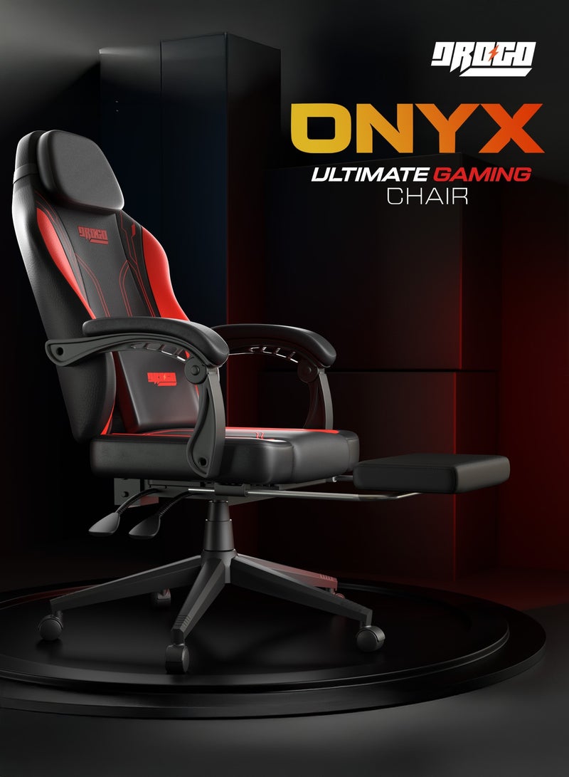 DROGO Onyx Premium Ergonomic Gaming Chair, Video Game Chair with Linkage Armrest, Footrest & Adjustable Seat Computer Chair with PU Leather, Head & Massager Lumbar Pillow Home & Office Chair with Recline Black Red  - Image 3