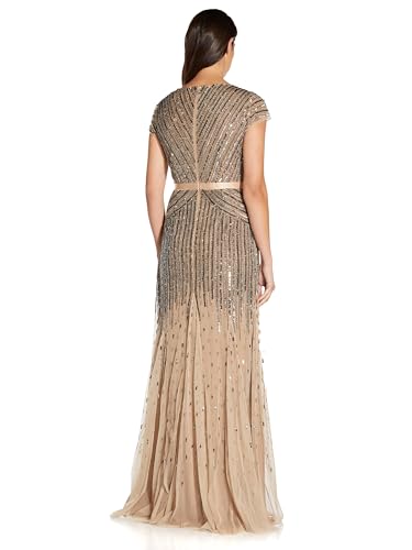 Adrianna Papell Women's Long Beaded V-Neck Dress with Cap Sleeves and Waistband, Nude, 16 - Image 3